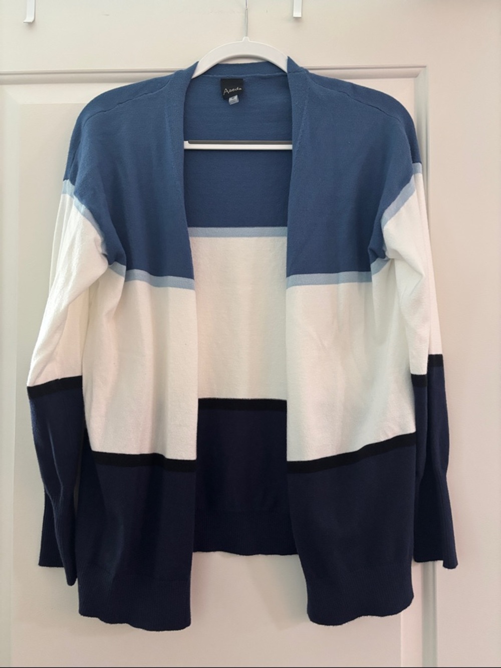 Aaeda blue/white/navy colorblock striped cardigan sweater, Medium
